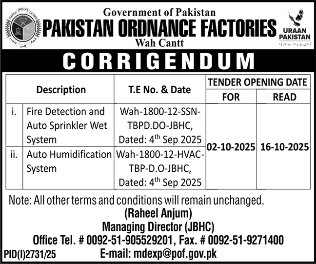 Pakistan Ordnance Factories Wah Cantt Tender Notice